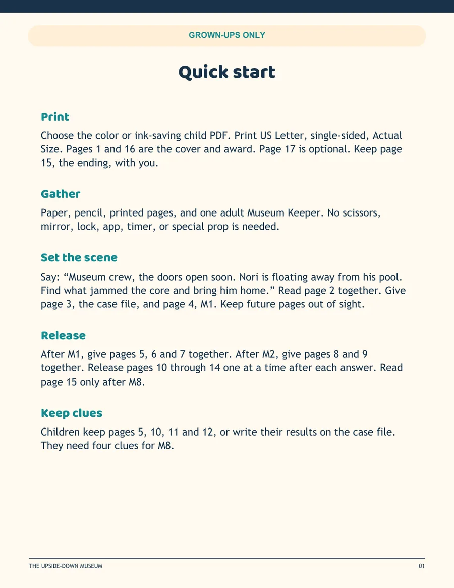 The Museum Keeper quick start page: print, gather, set the scene, release, keep clues.