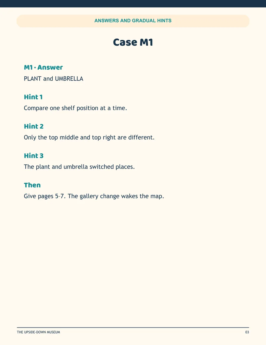 A page of answers and gradual hints from the parent guide, blurred to avoid spoilers.