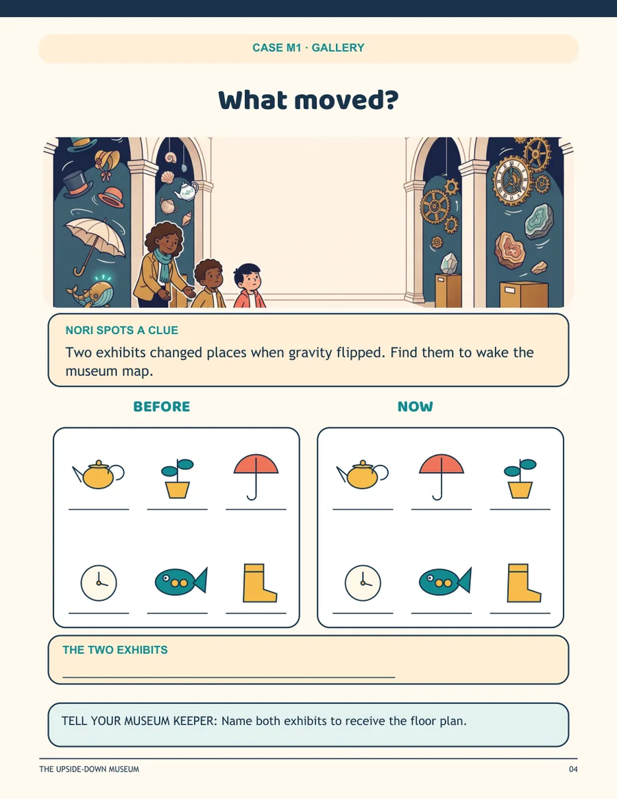 Case M1: What moved? A before-and-after gallery puzzle.