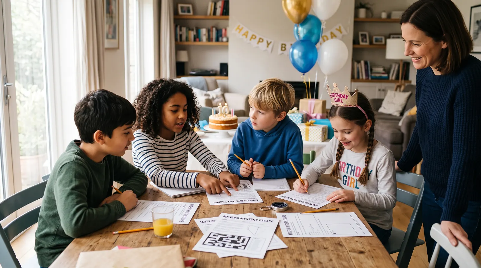 Kids around a birthday table solving paper clues while a parent watches.
