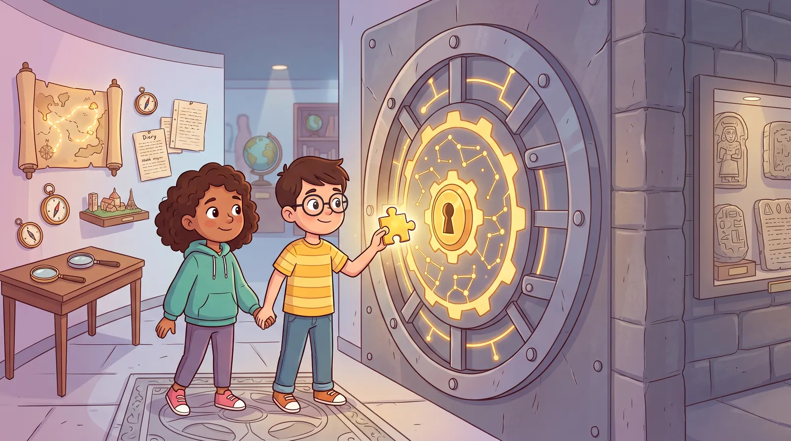 Illustration: two kids unlock a glowing vault door with the final clue.