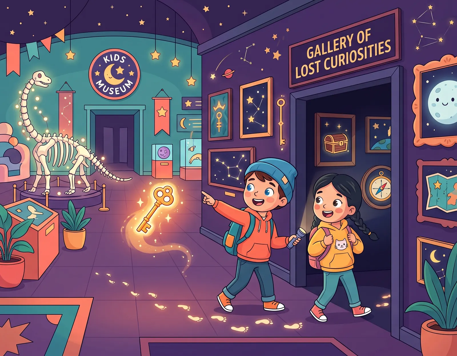 Two kids with a flashlight follow a glowing key through a museum at night.