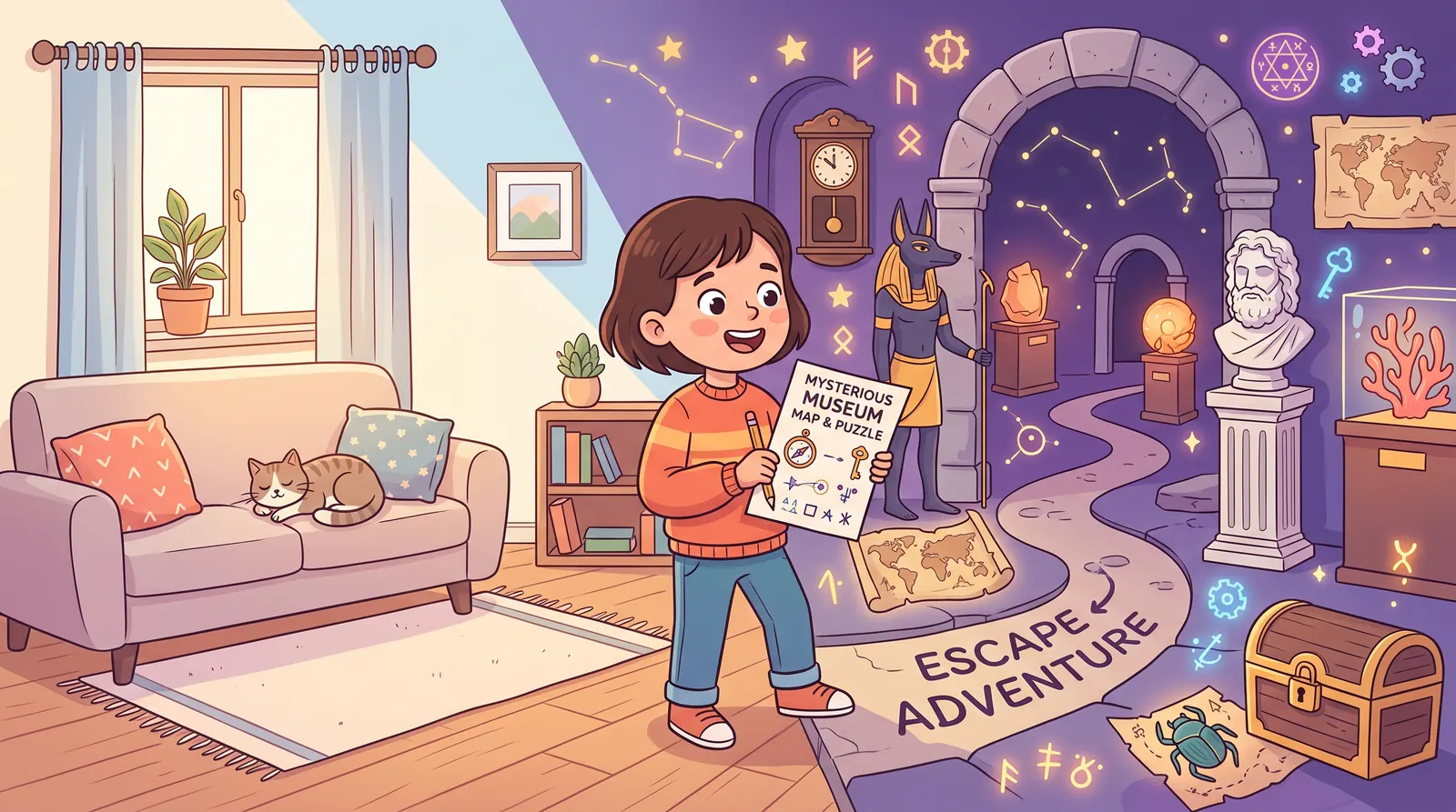 Illustration: an ordinary living room turns into a museum adventure.
