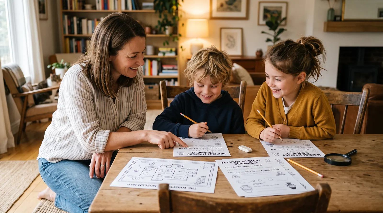 A parent kneels by the table and helps two kids with a clue.
