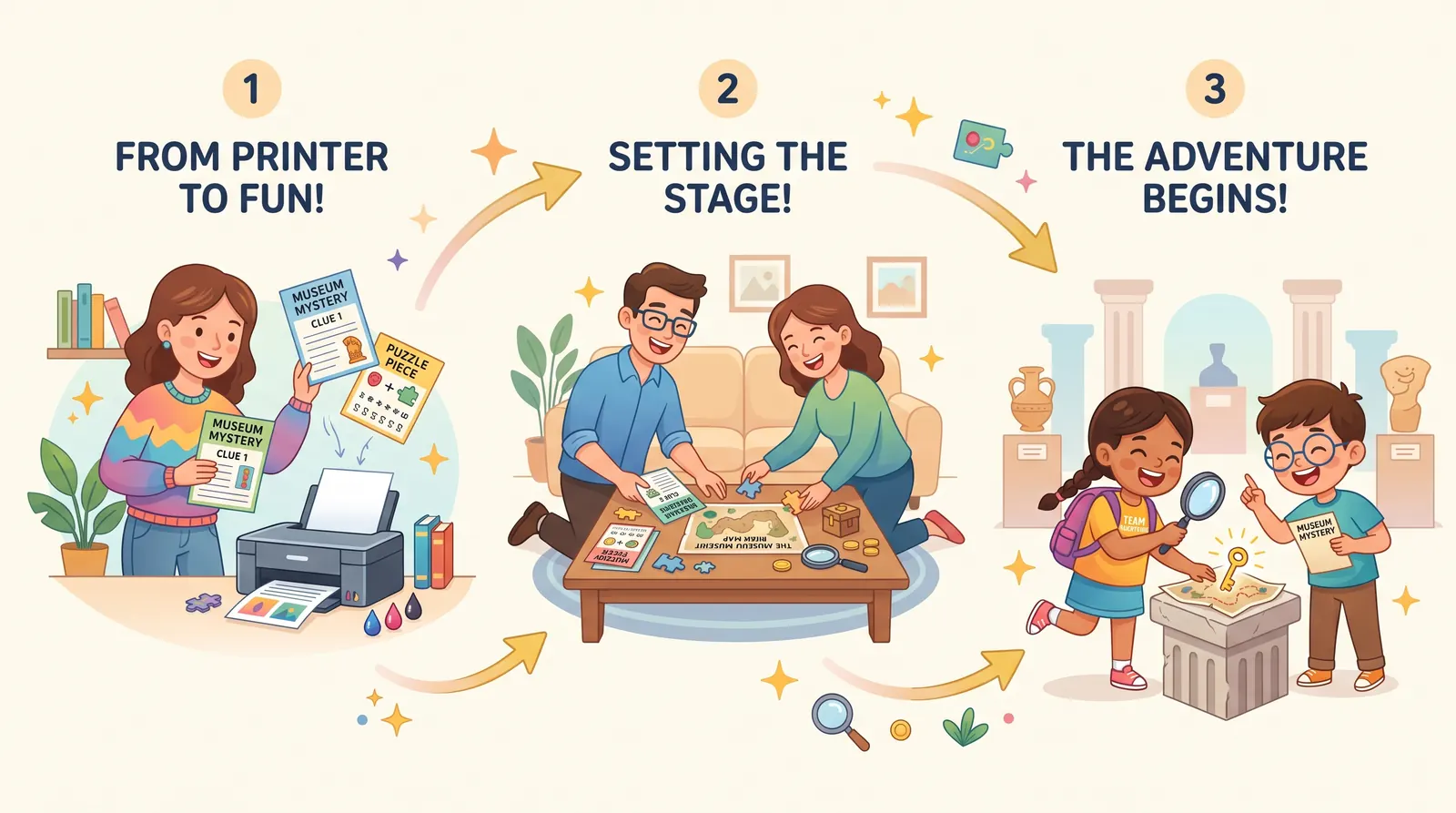 Illustration: from the printer, to setting the stage, to the adventure.