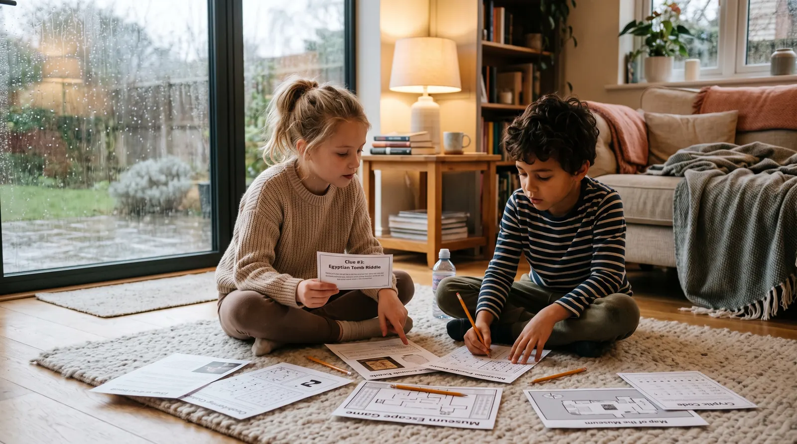 Two kids on the living-room floor reading printed clues on a rainy afternoon.